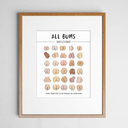 Body Positive Wall Art, Funny Bathroom Art, Self Love Print, All Bums Welcome, Cute Bathroom Butts, Bum Collage, Bathroom Wall Decor, No Framed (8X10 INCH)