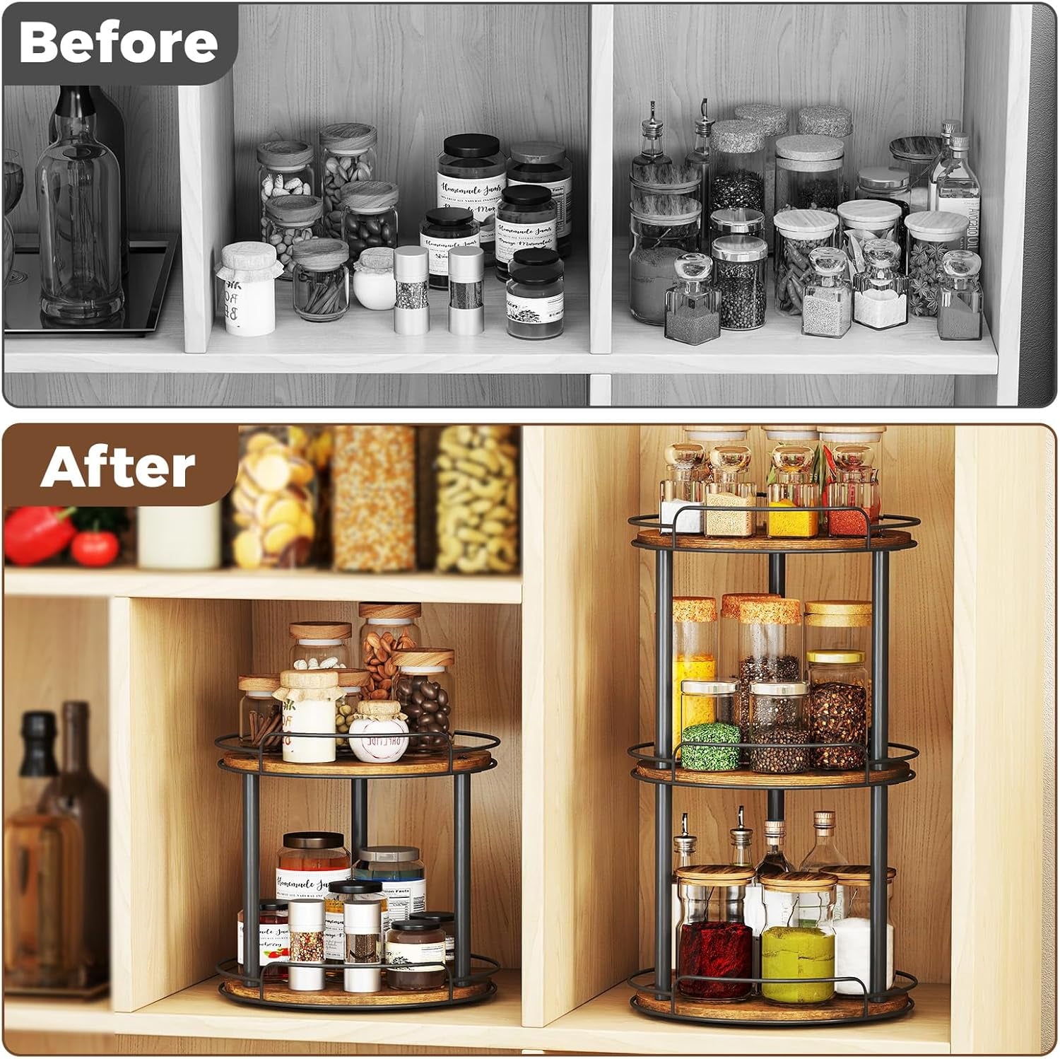 10.2'' Wood Lazy Susan Turntable Organizer for Cabinet, 2 Tier Lazy Susan Spice Rack Organizer for Kitchen, Table Top, Countertop, Pantry, Medicine Organizer