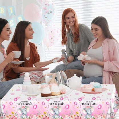 3 Pack Elephant Baby Shower Decorations - Plastic Tablecloth Table Cover Backdrop for Boy Girl Gender Party Supplies, 54 X 108 Inch, Pink