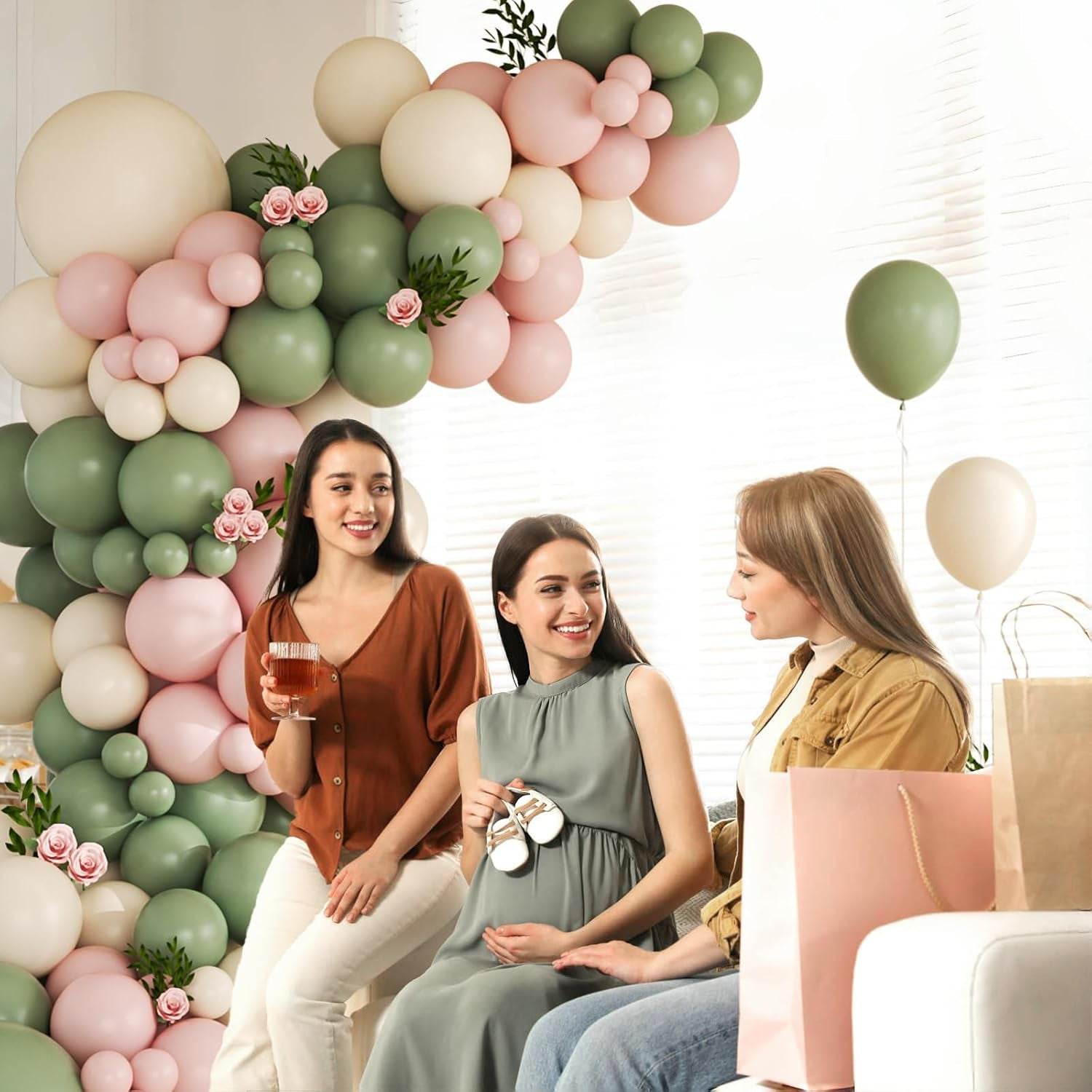 141Pcs Pink and Green Balloon Arch Garland Kit with Sage Green Pastel Pink Sand White Balloons for Birthday Bridal Shower Party Boho Baby in Bloom Baby Shower Decorations