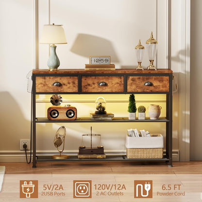 Console Table with Charging Station & 3 Fabric Drawers, 38'' Entryway Table with Storage Shelves and LED Light for Entry Way, Industrial Display Shelf for Hallway, Foyer, Rustic Brown