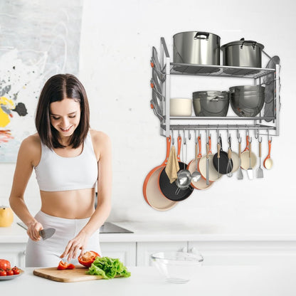 28 Inch Pot Rack Wall Mounted, 2 Tier Pots and Pans Organizer with 20 Hooks and 6 Pot Lid Holders, Heavy Duty Steel Pot and Pan Hanger for Kitchen Cookware Utensils Storage, Silver