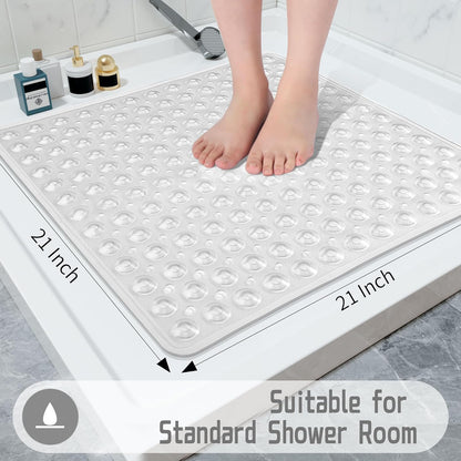 Shower Stall Mat Non Slip, 21X21 Inch, Soft Square Bath Mat for Shower with Suction Cups and Drain Holes, Stall Floor Mats for Bathroom, Machine Washable, Bathroom Accessories, Clear