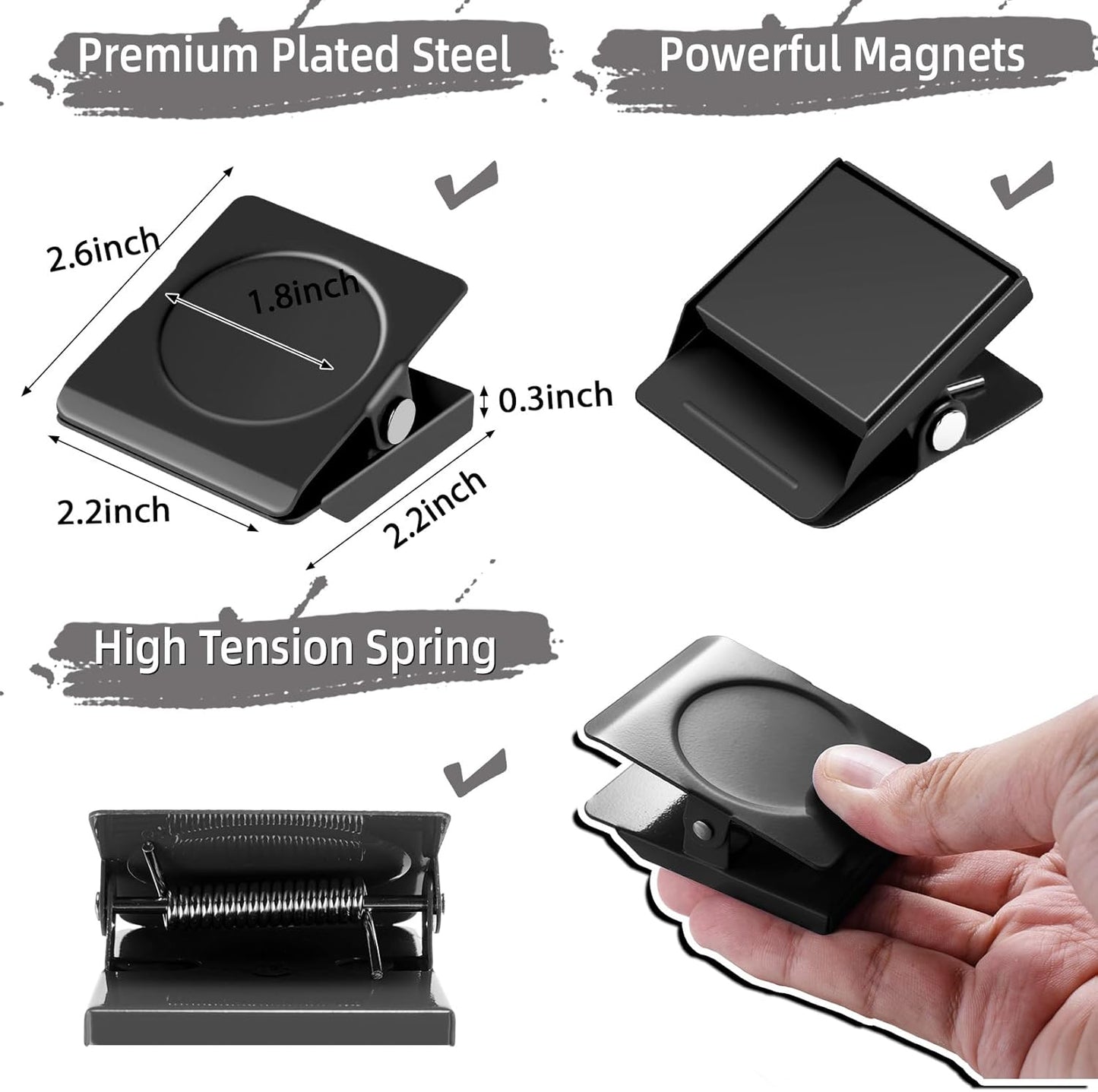 Strong Magnetic Clips, 2.2 Inch Extra Large Magnetic Clips Heavy Duty, 2Pack Magnet Clip for Fridge, Clip Magnets for Refrigerator, Whiteboard, Classroom, Kitchen, Office Organizer (Black)