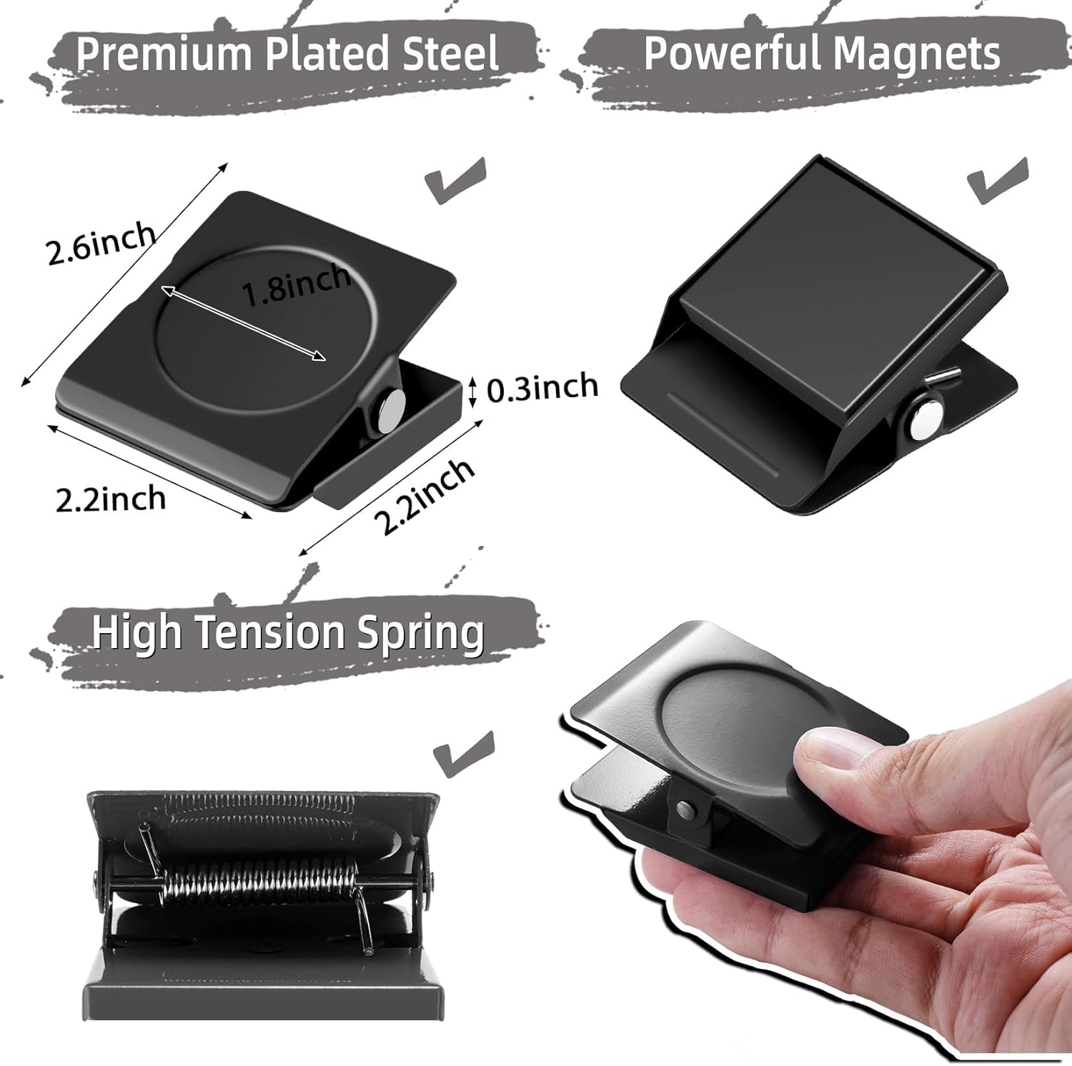Strong Magnetic Clips, 2.2 Inch Extra Large Magnetic Clips Heavy Duty, 2Pack Magnet Clip for Fridge, Clip Magnets for Refrigerator, Whiteboard, Classroom, Kitchen, Office Organizer (Black)