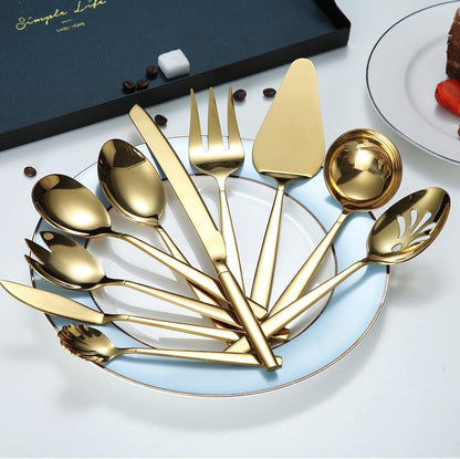 10-Piece Gold Serving Utensil Set with Titanium Plating, Including Cake Knife, Cake Server, Serving Forks, Sugar Spoon, Salad Spoon, Butter Knife, Gravy Ladle, and More