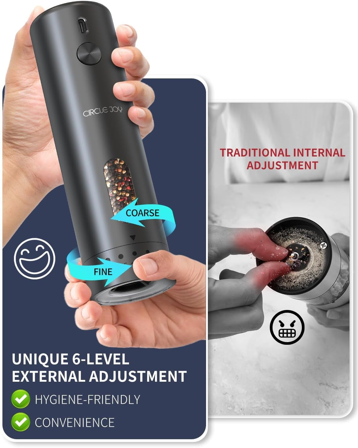 Rechargeable Electric Salt and Pepper Grinder Set with Base, Automatic Pepper Mills with 110Ml Container, External Adjustable Coarseness, White Led Light and One-Handed Operation, Black