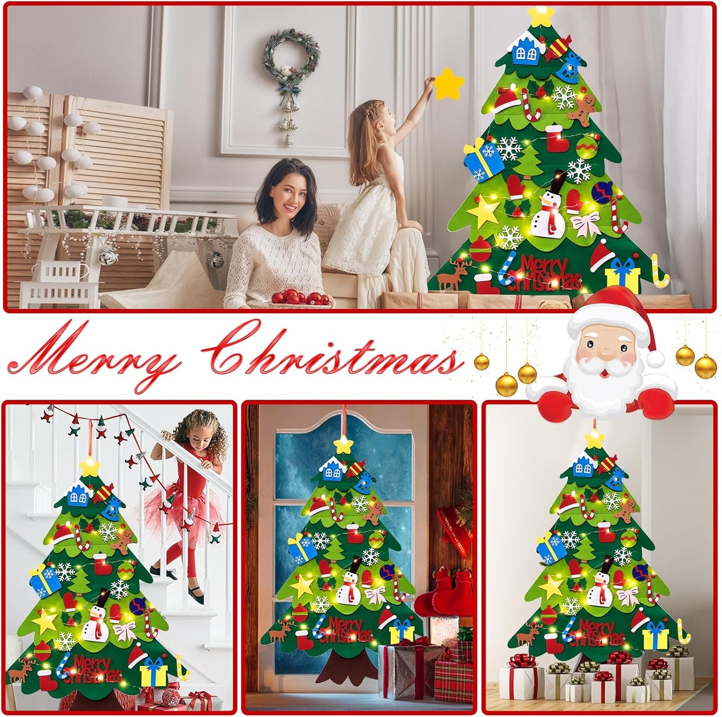 Felt Christmas Tree Set for Toddlers Kids with 3M/9.8Ft Led String Light, 3.2Ft/98Cm Wall Hanging DIY Christmas Tree with 32 Detachable Ornaments for Xmas Home Decoration