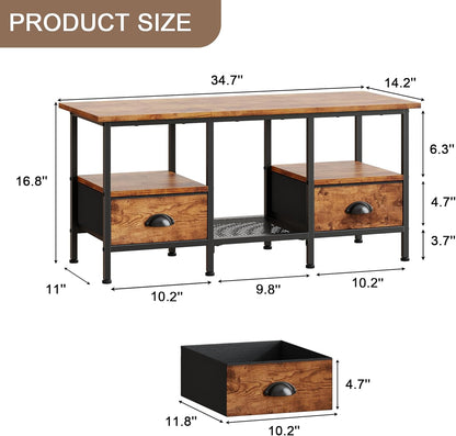 35" Coffee Table with 2 Storage Drawers, Small Coffee Tables for Living Room, Industrial Center Table with 2 Tier Storage Shelf, Rustic Brown