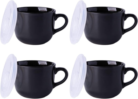 Ceramic Soup Mugs with Vented Lids, 24 Oz Capacity, Set of 4 - Versatile Cups for Coffee, Cereal, Salad, Noodles, Tea, and Soup, Microwave and Dishwasher Safe, Black