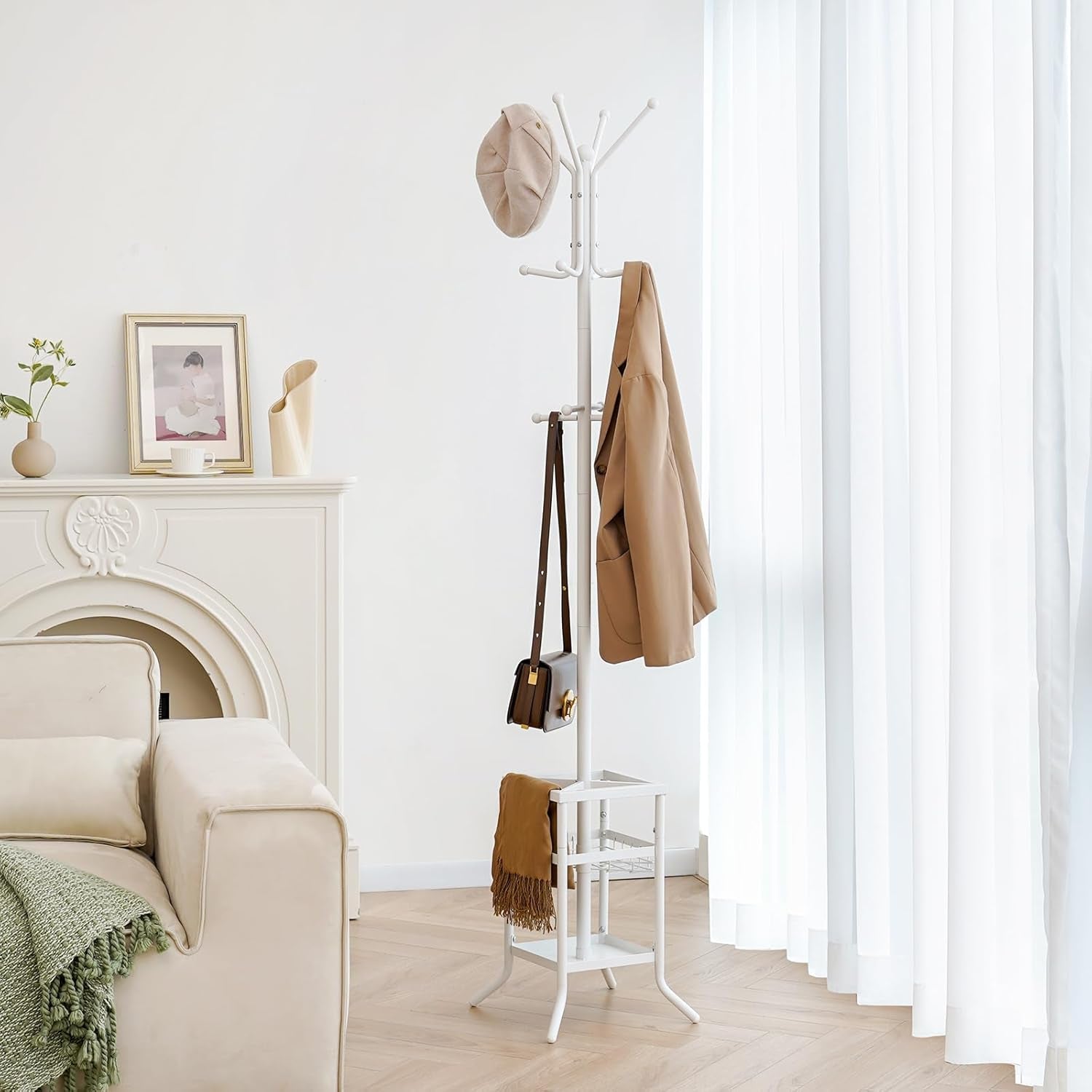 Coat Rack Freestanding, Coat Tree with Umbrella Holder, Metal Coat Rack Stand with 12 Hooks, Modern Coat Hanger Stand for Entryway, Purse Rack Hat Rack Stand for Living Room Bedroom Office