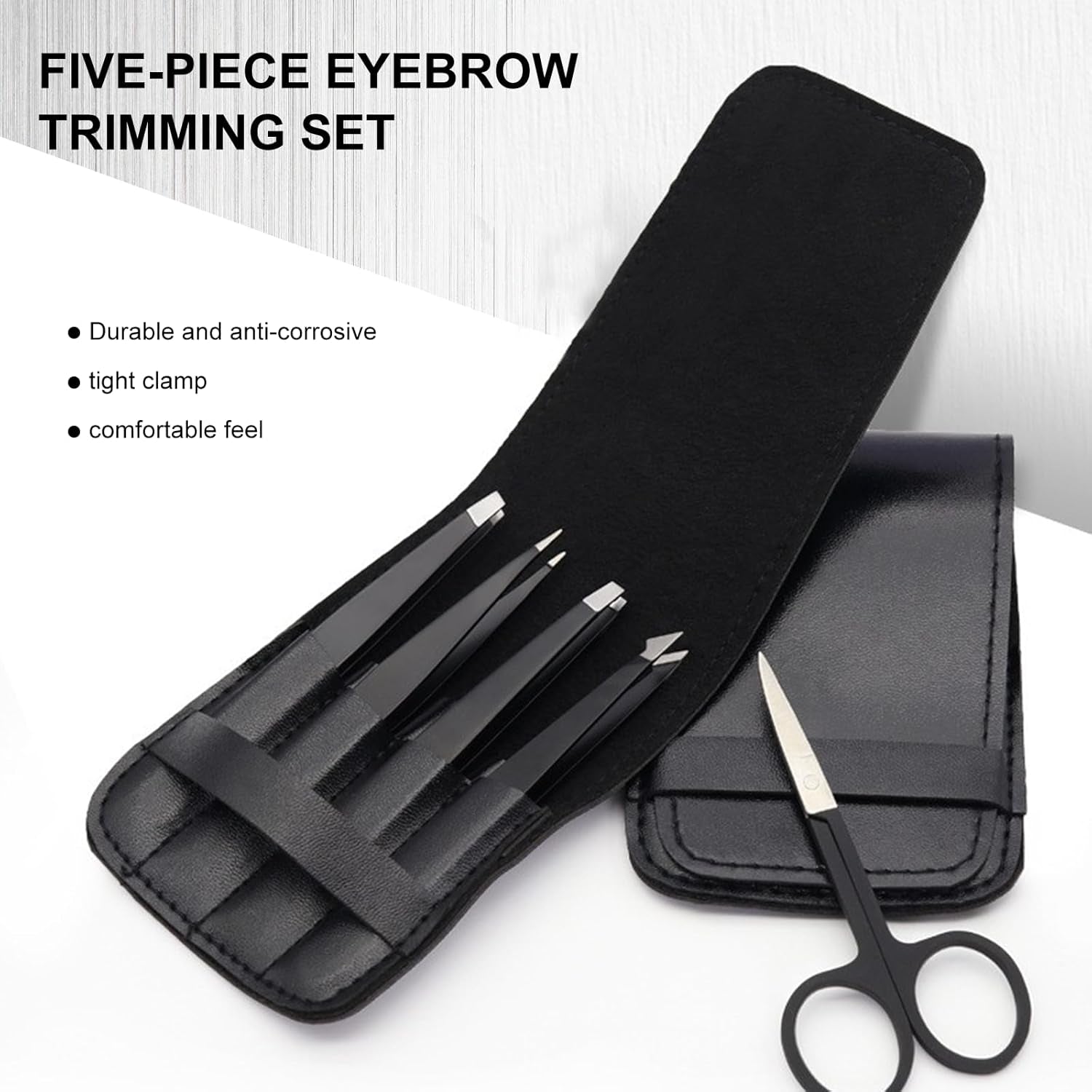 5-Piece Premium Set Matte Black Stainless Steel Eyebrow Tweezers Kit with 4 Precision Tips (Slant/Pointed/Flat/Rounded) & Sharp Grooming Scissors for Facial Hair Removal & Splinter Extraction