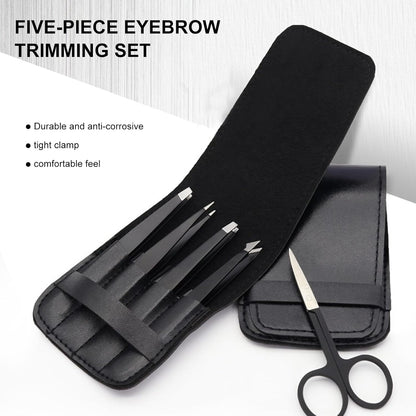 5-Piece Premium Set Matte Black Stainless Steel Eyebrow Tweezers Kit with 4 Precision Tips (Slant/Pointed/Flat/Rounded) & Sharp Grooming Scissors for Facial Hair Removal & Splinter Extraction