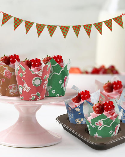 200 Pcs Christmas Tulip Cupcake Liners with 24 Pcs Cupcake Toppers, Cupcake Liners, Tulip Cupcake Liners for Baking, Standard Tulip Muffin Liners for Christmas Holiday