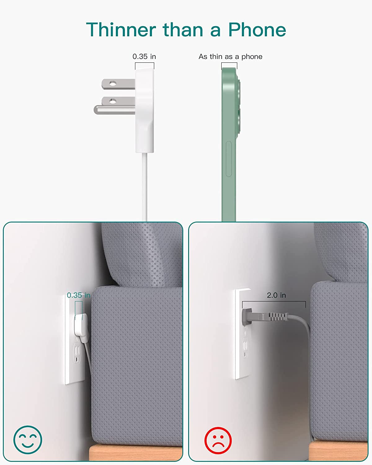 Flat Plug Power Strip, Ultra Thin Flat Extension Cord -  12 Widely AC 3 Sides Multiple Outlets, 5Ft, 1050J Surge Protector, Wall Mount, Desk Charging Station for Home Office Dorm Room Essentials