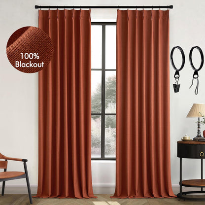 Burnt Orange 96-Inch Pinch Pleated Blackout Curtains, Linen Thermal Insulated Drapes with Hooks for Living Room and Bedroom - Set of 2 Panels