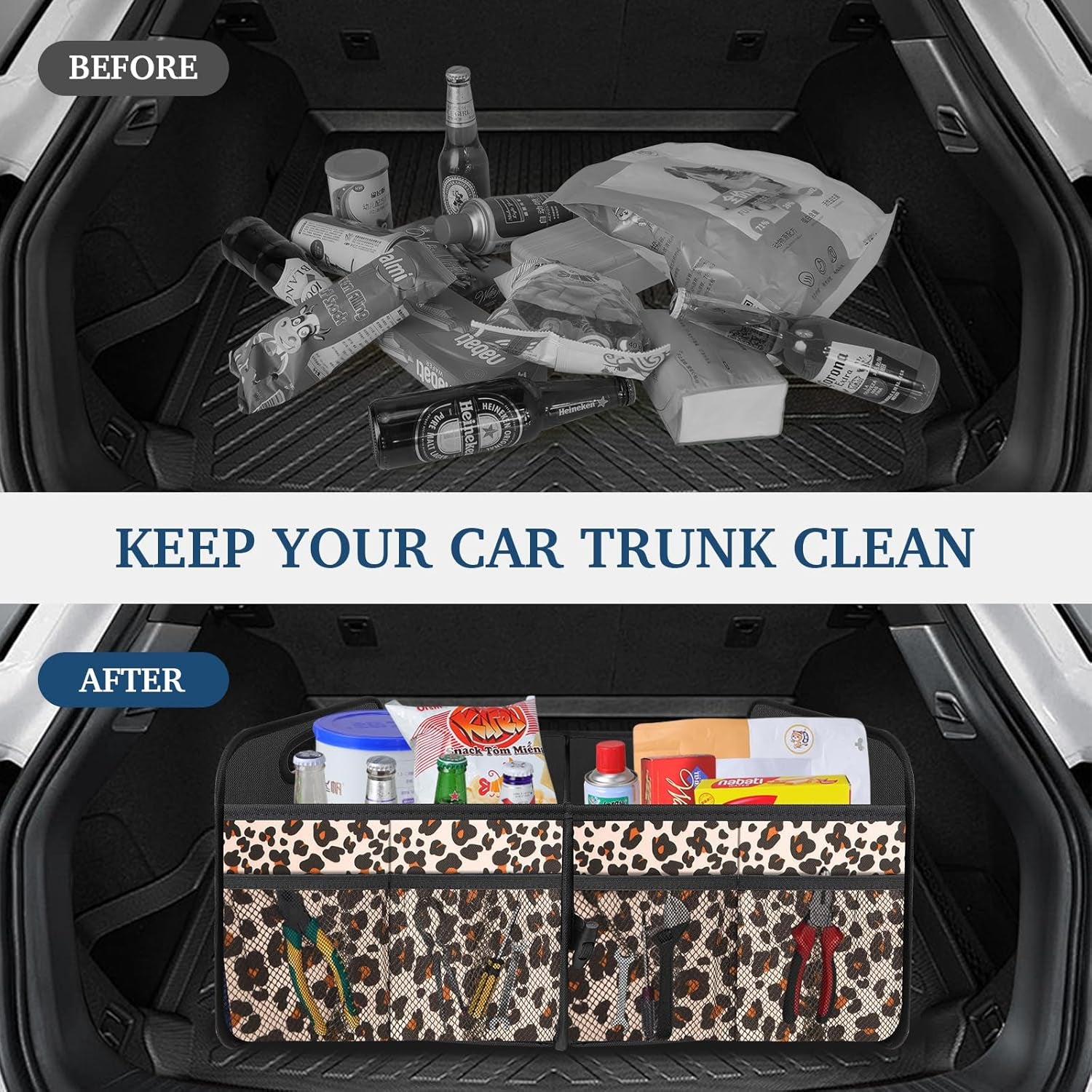 Car Trunk Organizer, Trunk Storage Organizer with Large Capacity Waterproof Collapsible Trunk Organizer for Car Suv/Jeep/Sedan (Leopard Print, Standard)