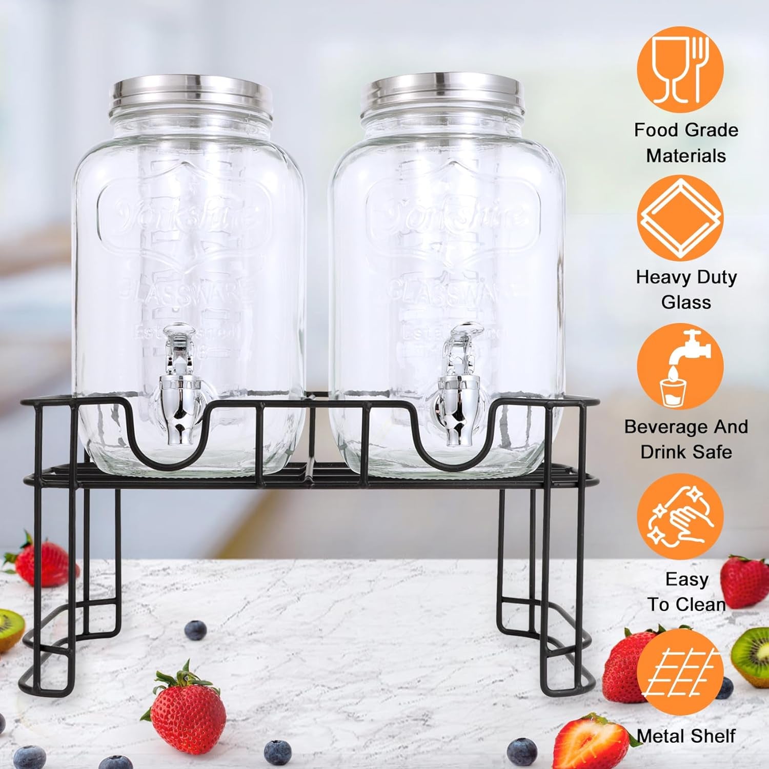 1 Gallon Glass Drink Dispensers for Parties-Set of 2,Drink Dispenser with Fruit Infuser & Stand,Juice or Beverage Dispenser for BBQ, Picnic, Party,Laundry Detergent Dispenser