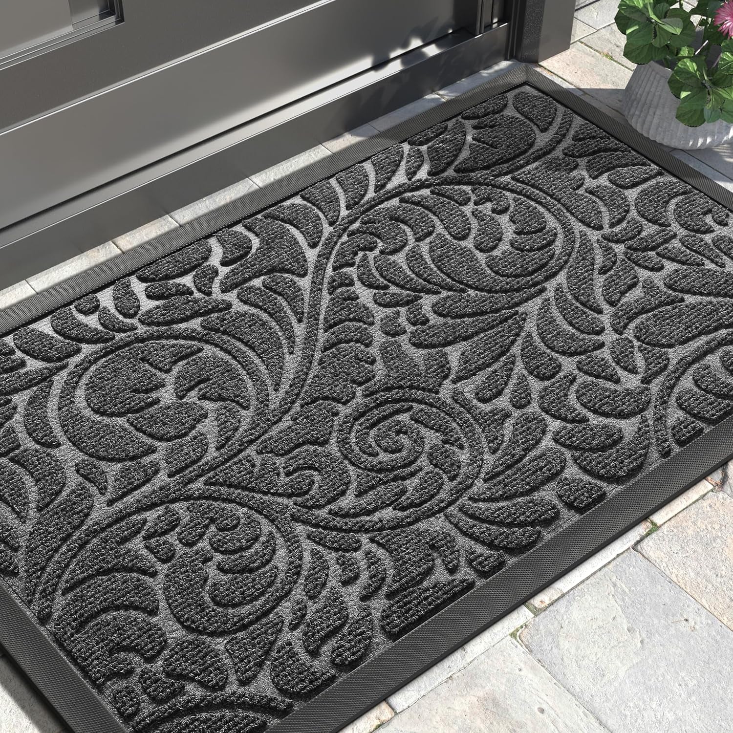 Door Mat outside Entrance, Heavy Duty Non-Slip Outdoor Mats for Front Door, All-Weather Waterproof Sturdy Doormat, Low Pile Entry Mat Indoor for Garage and Patio, Easy Clean, 29.5X17, Grey