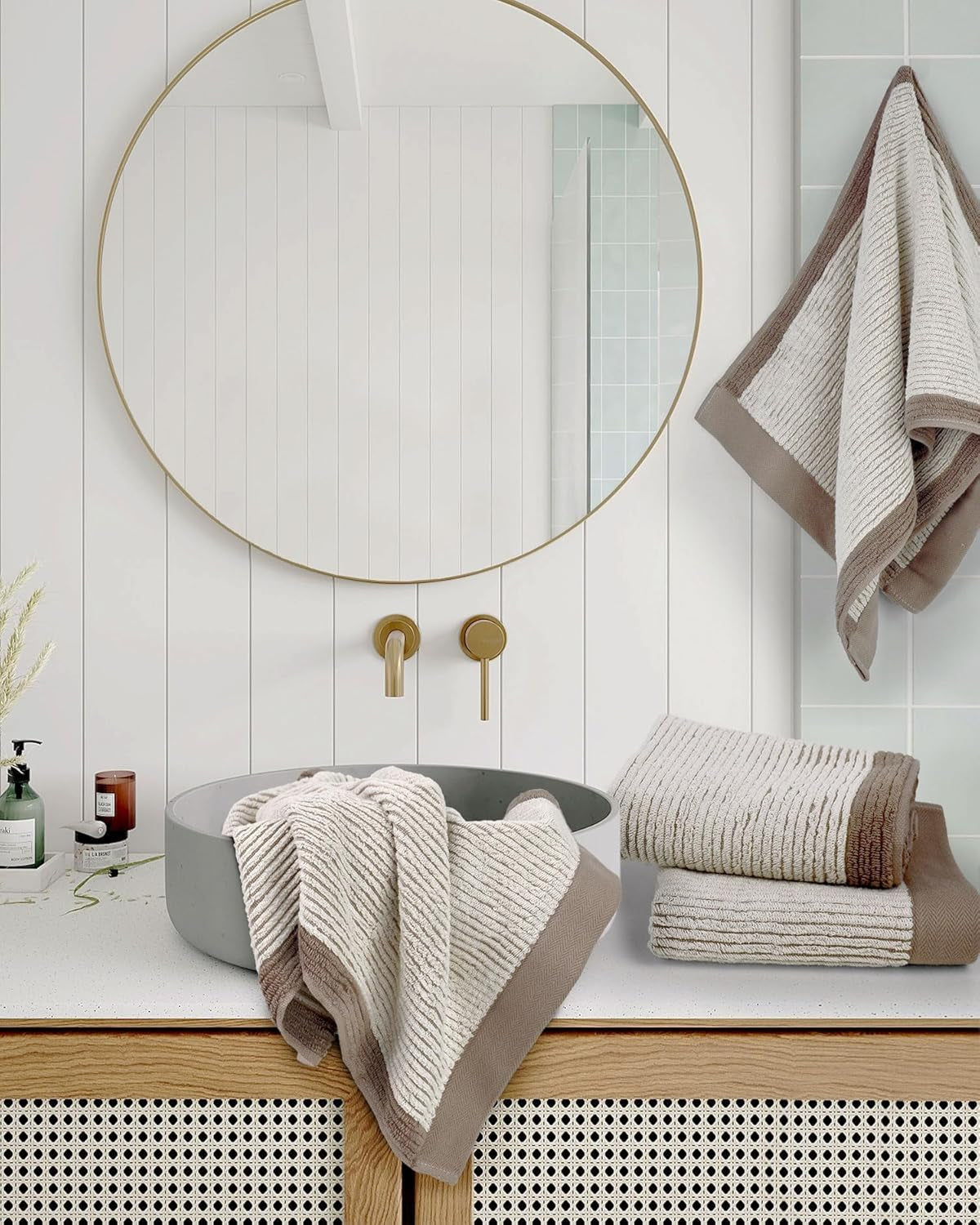 Hand Towels for Bathroom Set of 4, Jacquard Weaved Cotton Face Towels, 28 X 13.7 Inches (Light-Brown)