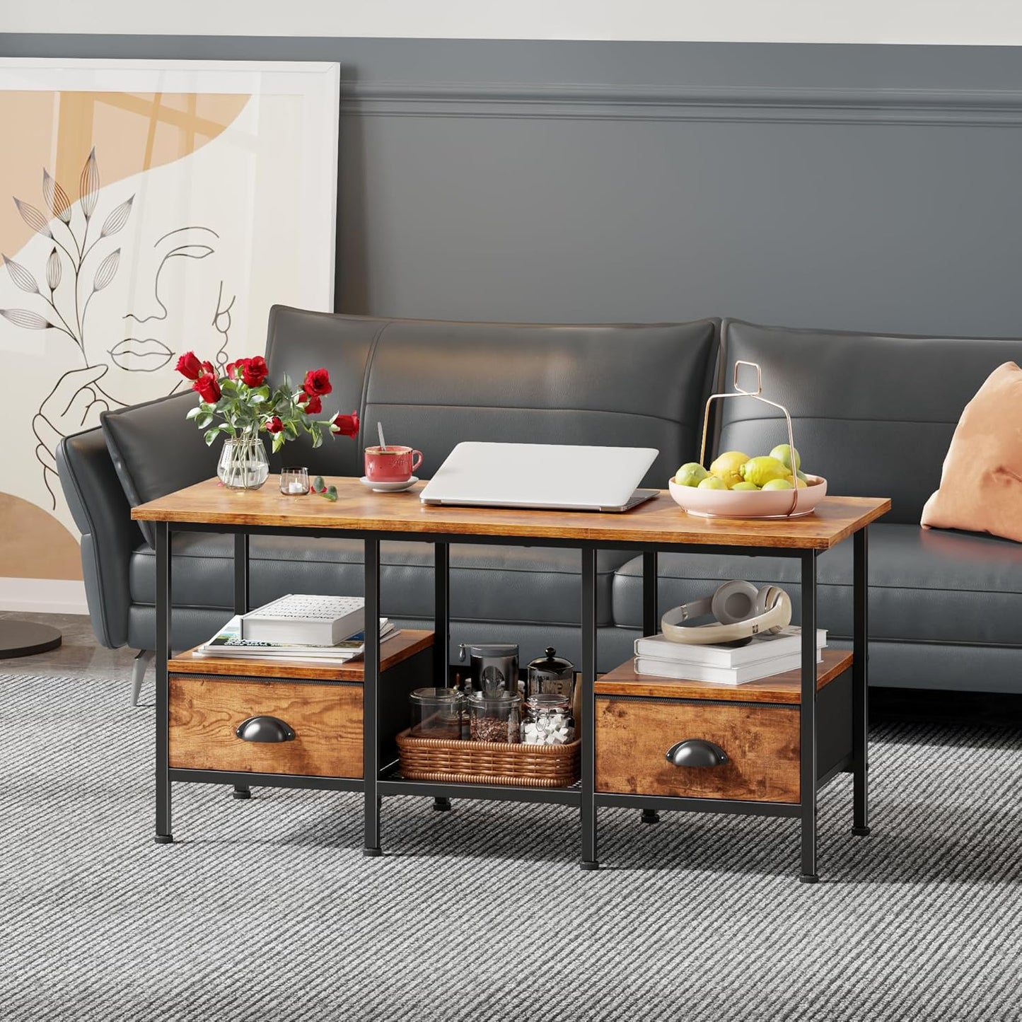 35" Coffee Table with 2 Storage Drawers, Small Coffee Tables for Living Room, Industrial Center Table with 2 Tier Storage Shelf, Rustic Brown