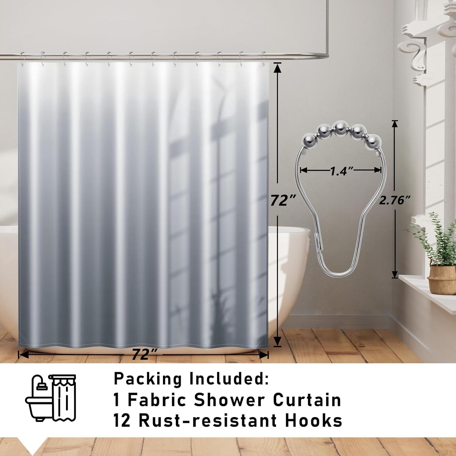 Fabric Shower Curtain for Bathroom, Grey Ombre Bath Shower Curtains Sets with 12 Hooks, Waterproof, Machine Washable, 72 X 72 Inch