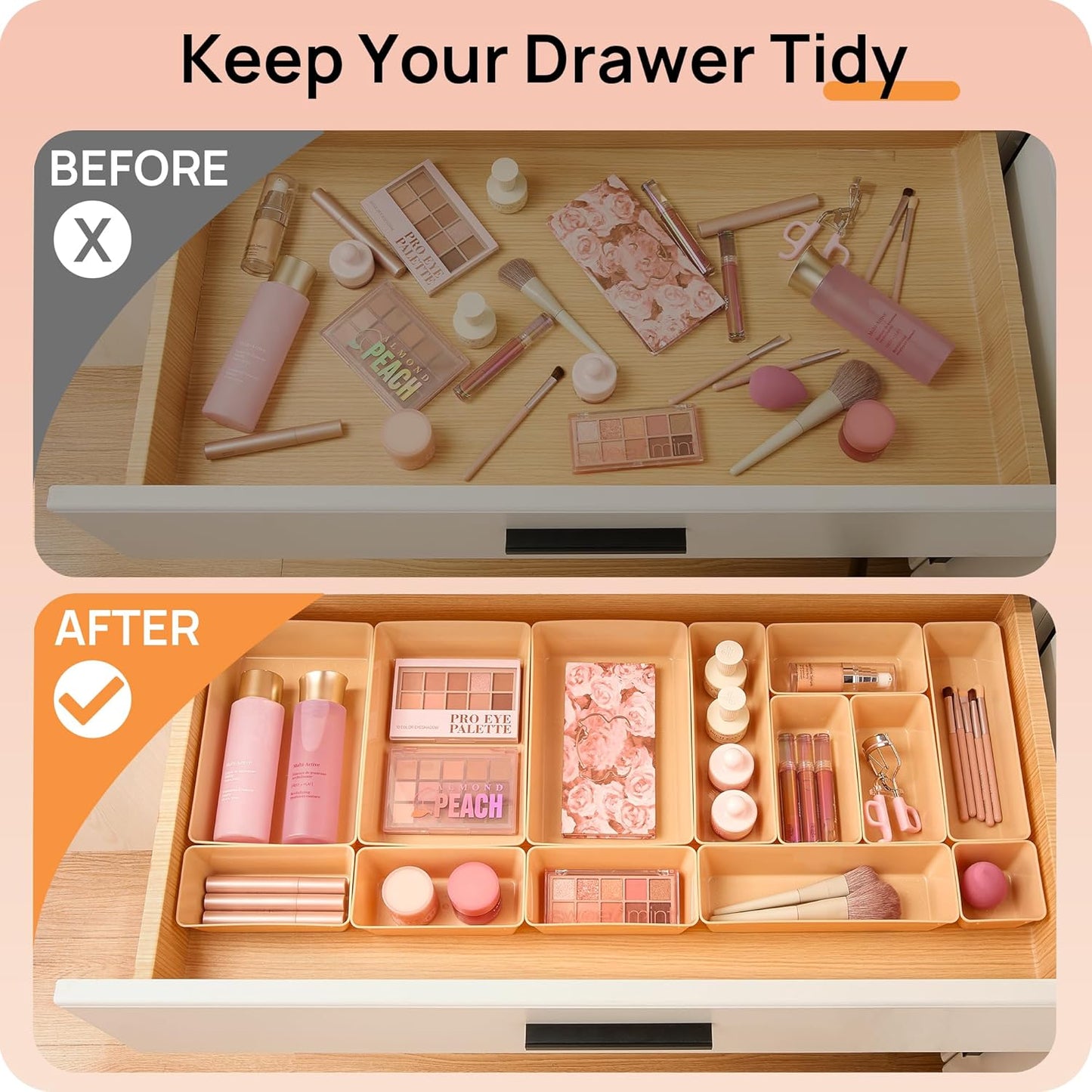 25 PCS Plastic Drawer Organizers Set, 4-Size Versatile Bathroom and Vanity Drawer Organizer Trays, Storage Bins for Makeup, Bedroom, Kitchen Gadgets Utensils and Office