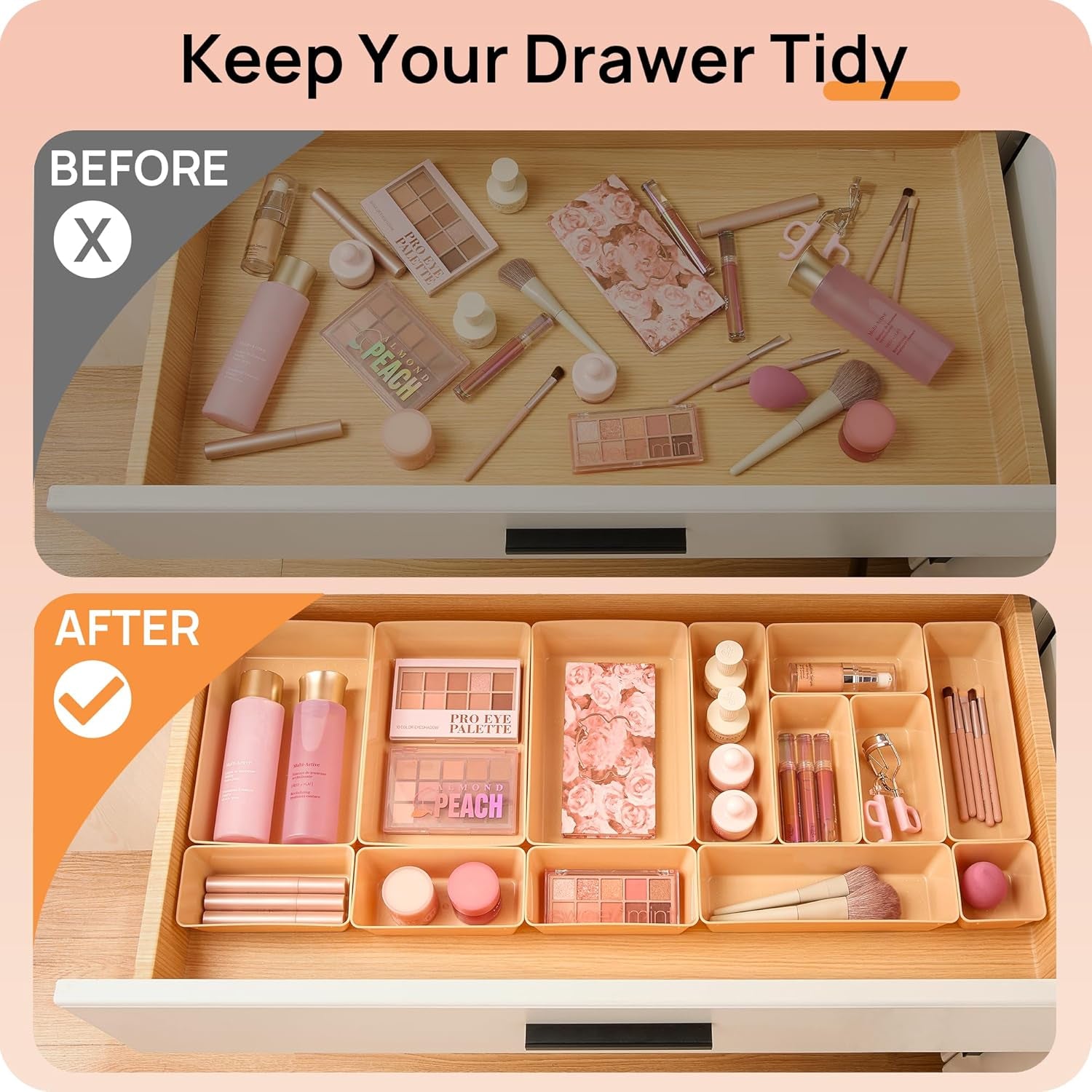 25 PCS Plastic Drawer Organizers Set, 4-Size Versatile Bathroom and Vanity Drawer Organizer Trays, Storage Bins for Makeup, Bedroom, Kitchen Gadgets Utensils and Office