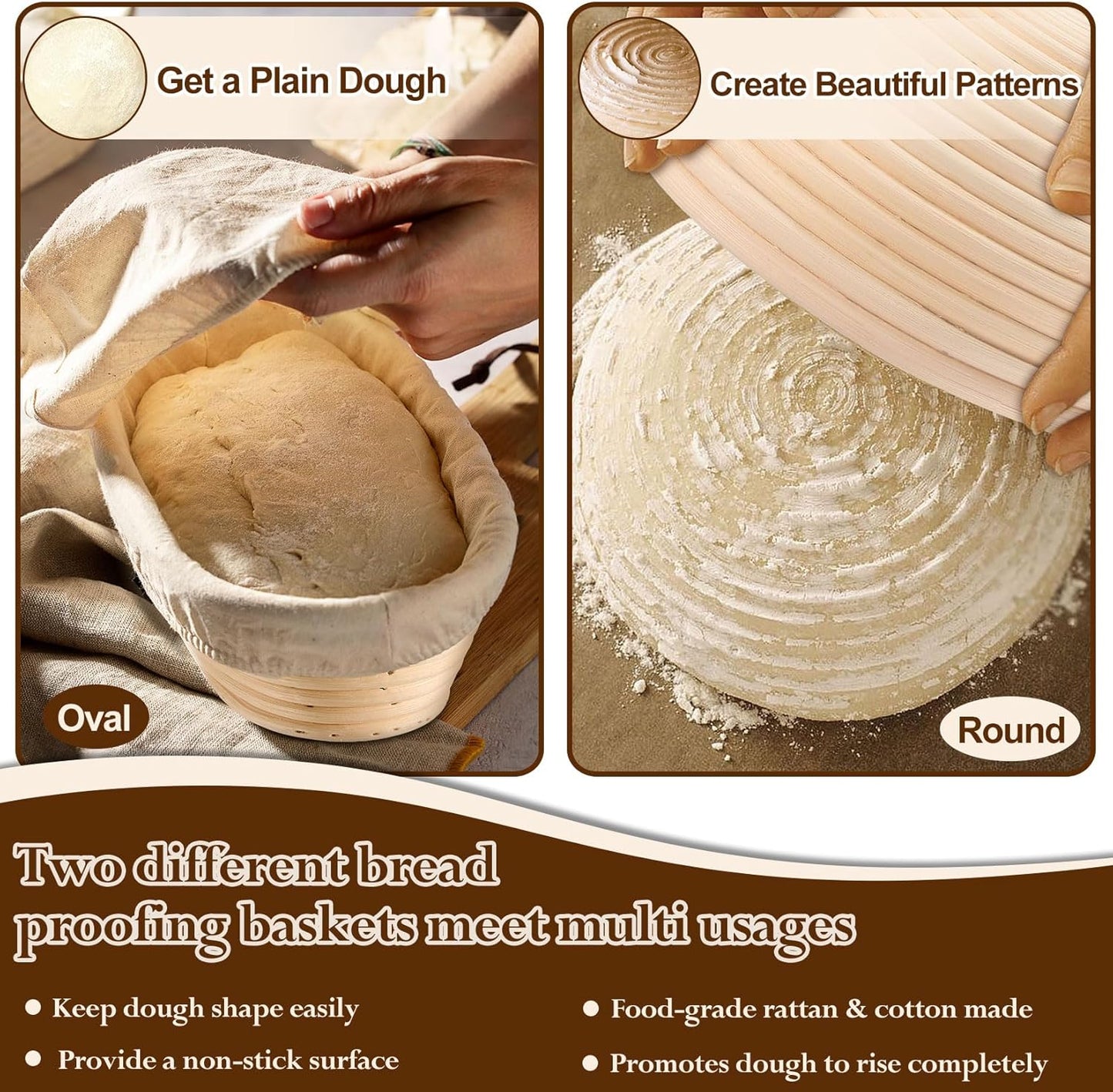 Sourdough Bread Baking Supplies, 9” round & 10” Oval Sourdough Proofing Baskets Starter Kit, Bread Making Tool Set with Cloth Liner Bread Lame Scraper Brush Dough Whisk