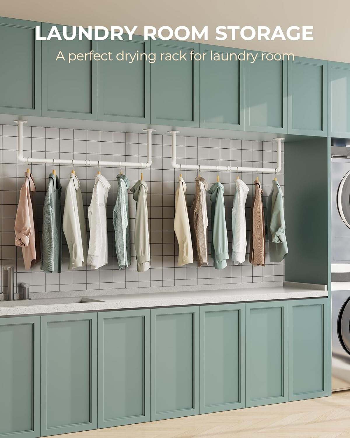 Industrial Pipe Clothes Rack Wall Mounted Set of 2, 38.4 Inches Heavy Duty Iron Pipe Clothing Garment Rail, Multi-Purpose Clothing Hanging Rod for Laundry Room and Closet Storage, White