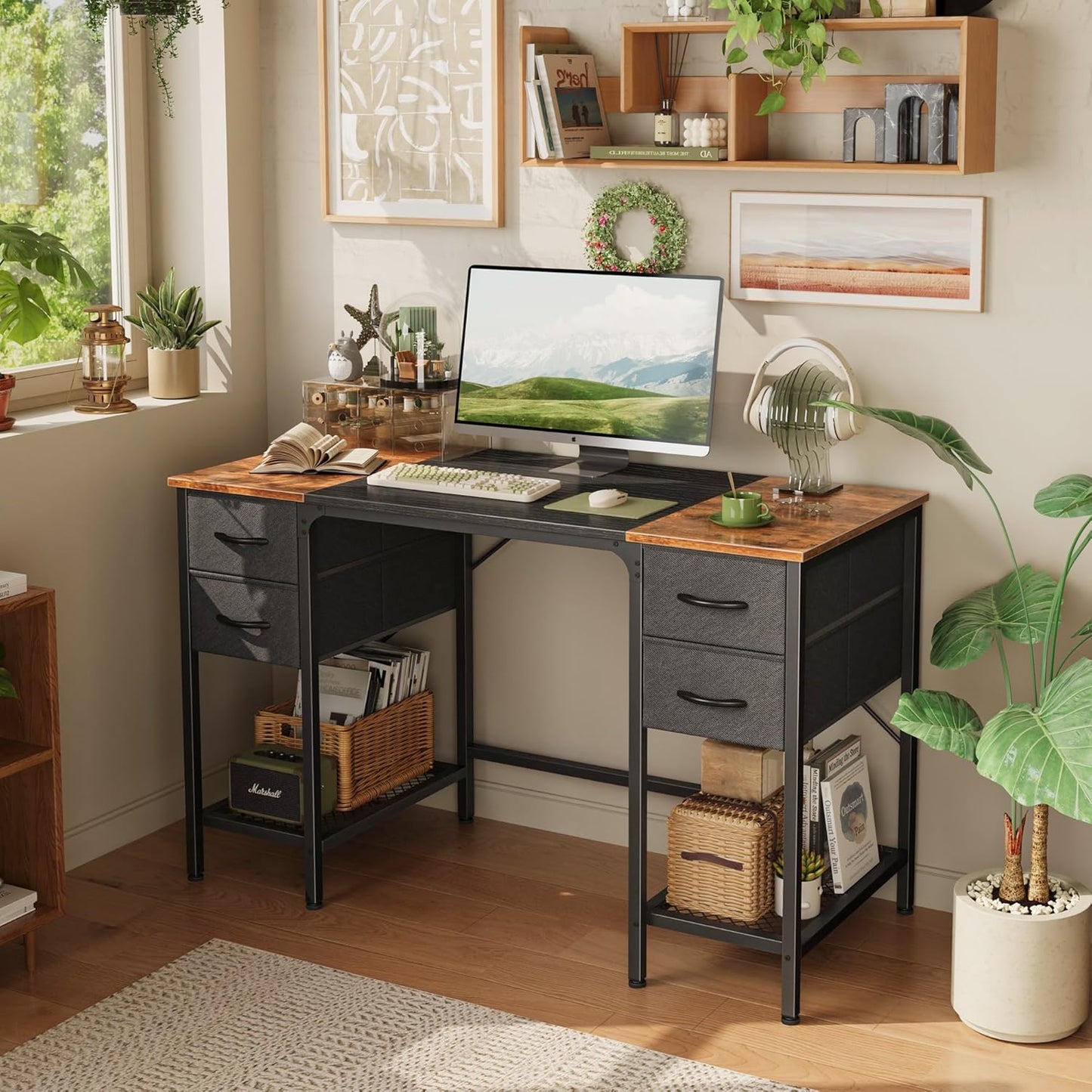 47-Inch Computer Desk with Four Drawers and Mesh Shelf, Versatile Office and Gaming Desk with Ample Storage for Home Office, Study, and Bedroom, Rustic Brown and Black Finish