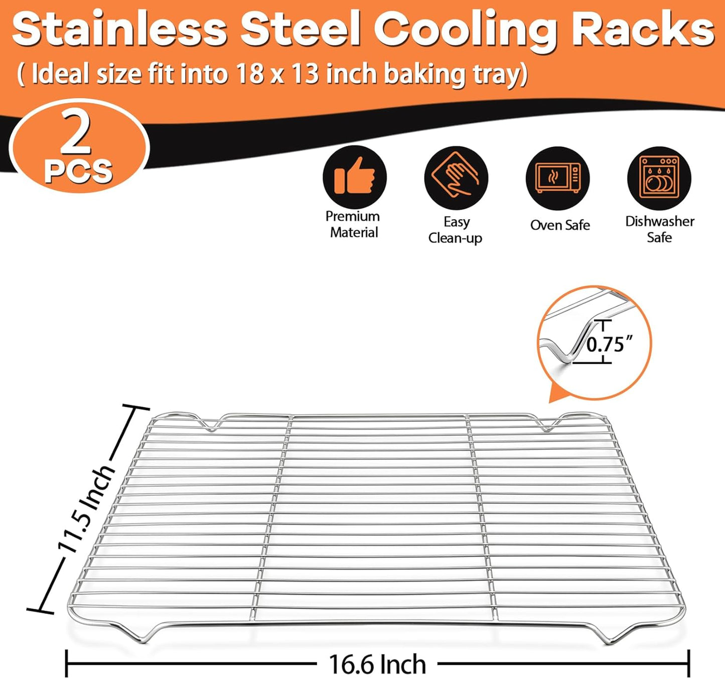 Cooling Baking Rack Pack of 2, Stainless Steel Cooling Racks for Cooking Baking Roasting Grilling Drying, Dense Wires & Smooth Edge, Easy to Clean, Silver, 16.6" X 11.5"