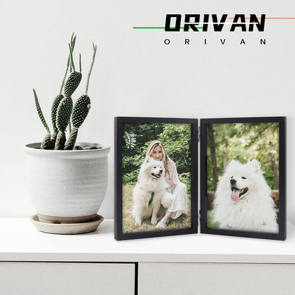 Set of Two 4x6 Double Hinged Folding Picture Frames with Glass Stand (Black)