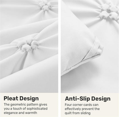 Queen Comforter Set White - Lightweight Soft Pintuck down Alternative Bedding Set for Summer, All Seasons, 3 Pieces Pinch Pleat Solid Bed Set with Comforter, 2 Pillowcases