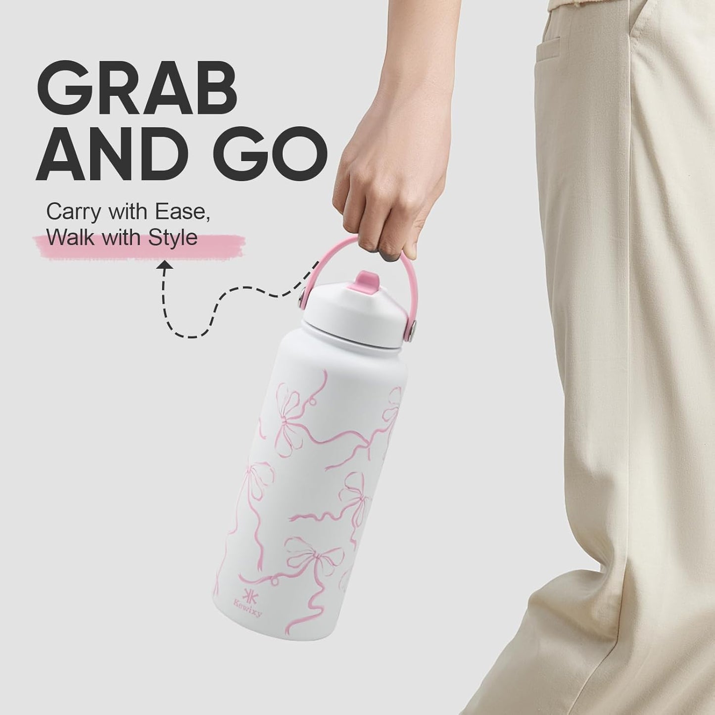 32 Oz Stainless Steel Insulated Water Bottle with Flip Straw and Handle, Leak-Proof, Reusable Wide Mouth Design for Travel, Gym, and School (Breeze Pink Bow)