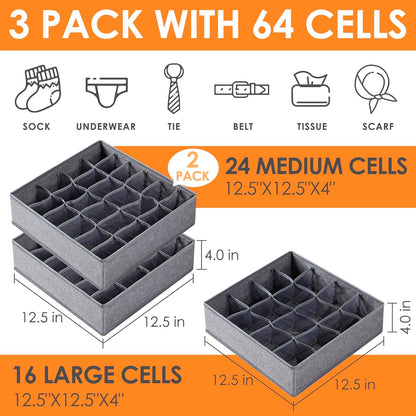 3 Pack Sock Underwear Organizer Dividers, 64 Cell Drawer Fabric Foldable Cabinet Closet Storage Boxes for Storing Socks, Underwear, Ties (16+24+24 Cell, Gray)