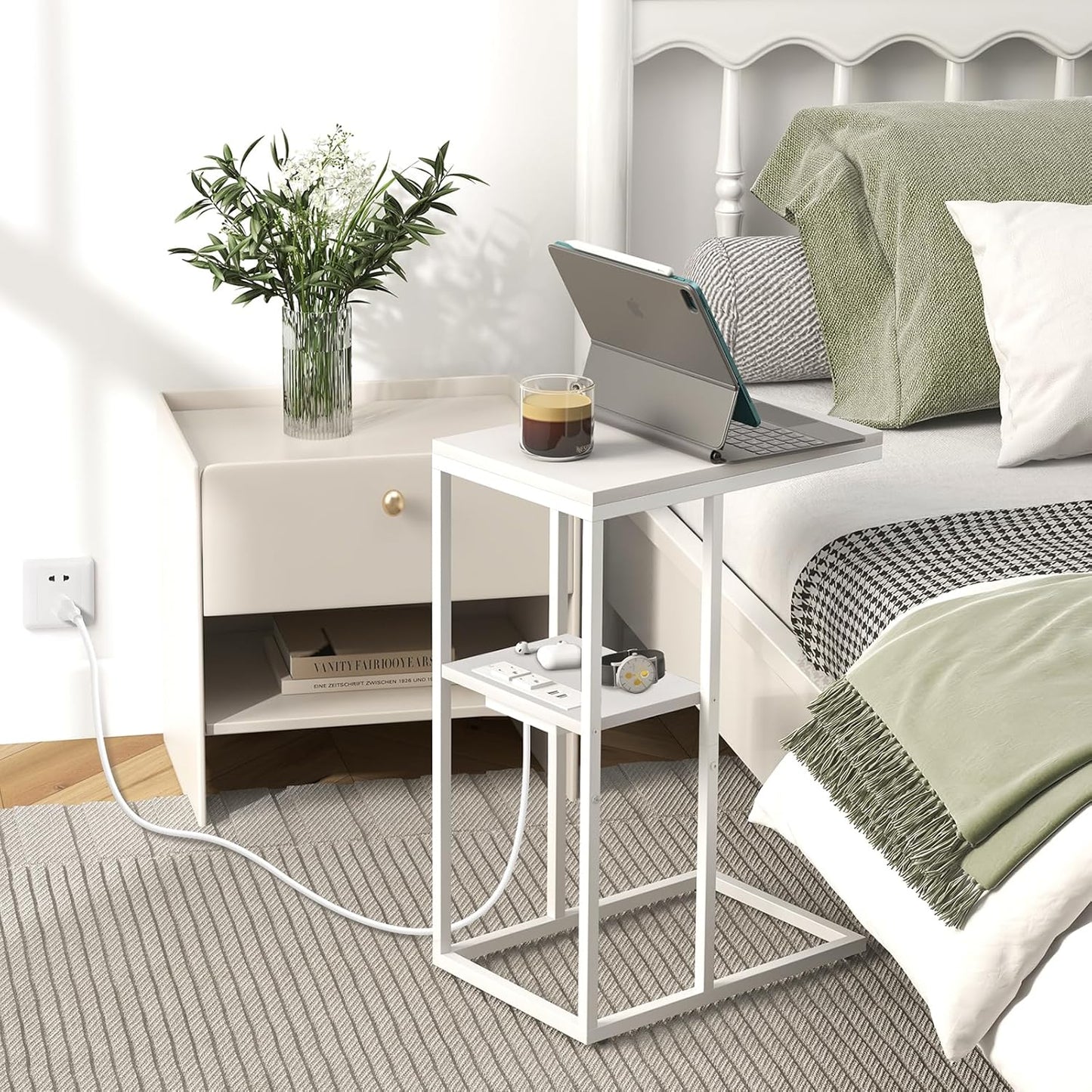 C Shaped End Table with Charging Station, Small Side Tables for Living Room Bedroom, Sofa Table with USB Ports and Outlets for Small Spaces, Rustic Bed Side Table