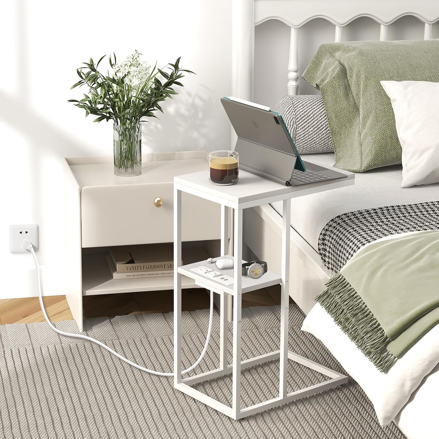 C Shaped End Table with Charging Station, Small Side Tables for Living Room Bedroom, Sofa Table with USB Ports and Outlets for Small Spaces, Rustic Bed Side Table