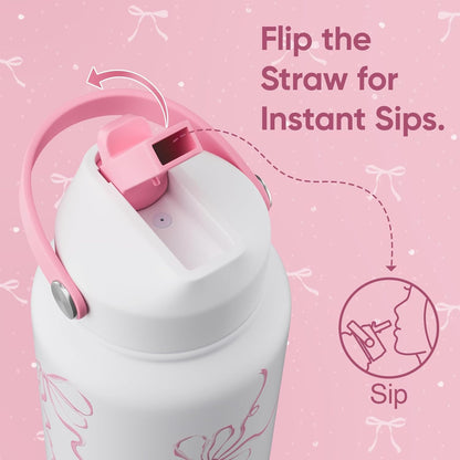 32 Oz Stainless Steel Insulated Water Bottle with Flip Straw and Handle, Leak-Proof, Reusable Wide Mouth Design for Travel, Gym, and School (Breeze Pink Bow)