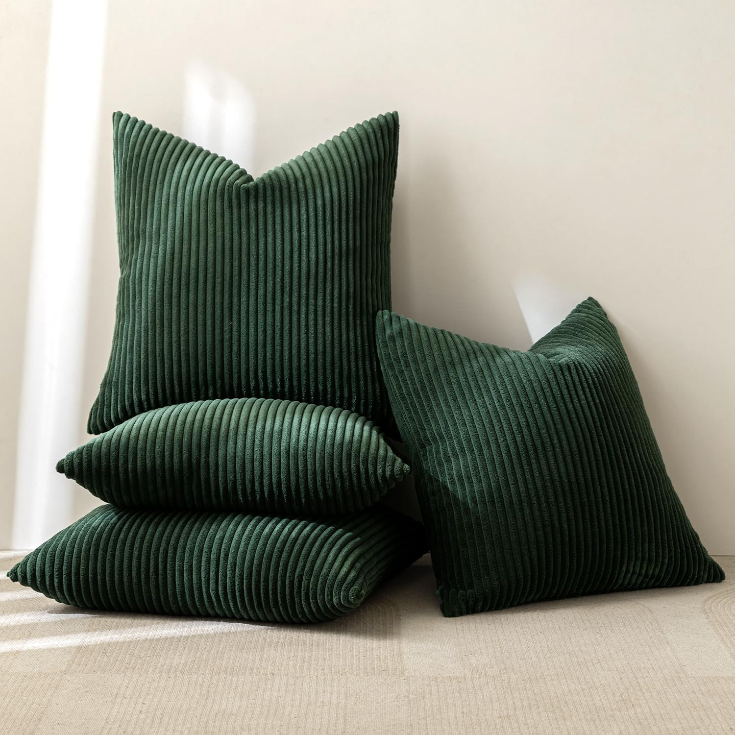 Boho Farmhouse Throw Pillow Covers 18X18 Inch Set of 4 Mordern Nordic Cushion Covers Soft Corduroy Christmas Home Decor for Couch Bed Sofa Living Room Army Green