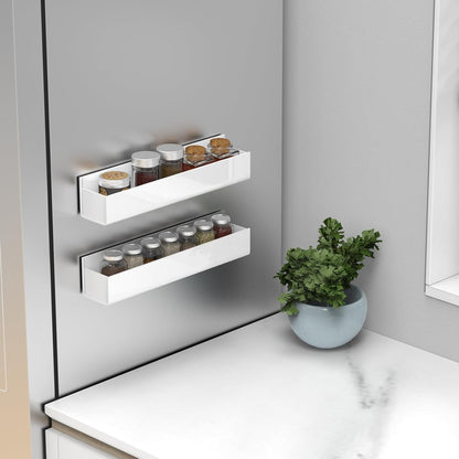 Adhesive Acrylic Spice Rack with Nano Double Sided Tape Wall Mount Organizer Wall Spice Rack with Shelf Ends for Kitchen Cabinet Door - 2 Pack 12'' Shelves (White)