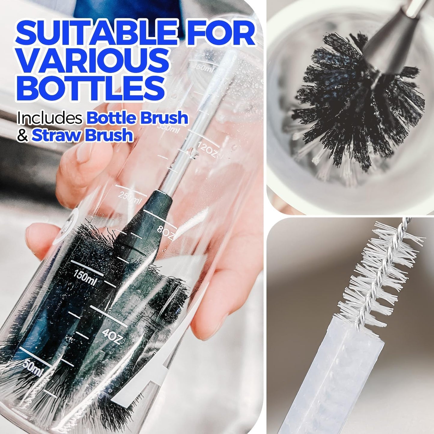 5-Piece Bottle Brush Cleaner Set - 14" Stainless Steel Handle, 3 Straw Brushes, Cleans Water Bottles, Cups, Baby Bottles, Black & Grey
