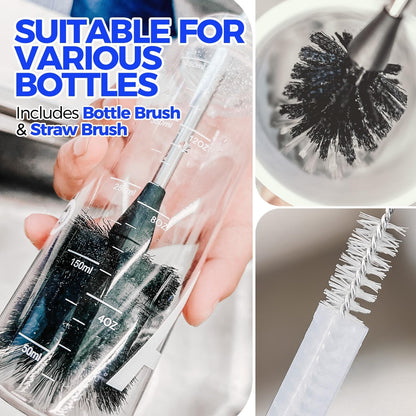 5-Piece Bottle Brush Cleaner Set - 14" Stainless Steel Handle, 3 Straw Brushes, Cleans Water Bottles, Cups, Baby Bottles, Black & Grey