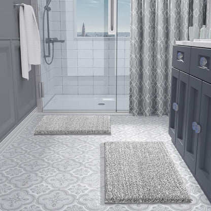 Fluffy Bath Rug Set,Shaggy Soft Non Slip Bathroom Rugs, Machine Washable,Thick Bathroom Floor Rugs for Shower Bath Mat,Water Absorbent, 24X17+32X20 Inches, Light Gray and White