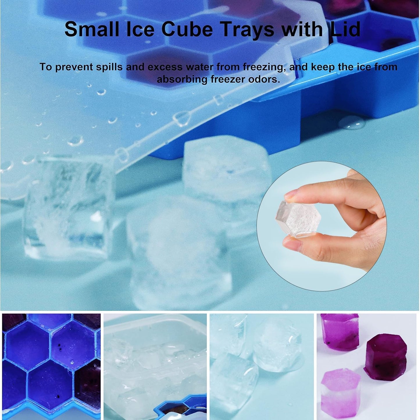Ice Cube Trays for Freezer with Lid-37 Grid Silicone for Small Ice Cube Molds,Easy-Release Reusable in Organizer Bins or Ice Bucket for Cocktail Bar or Iced Coffee Cup