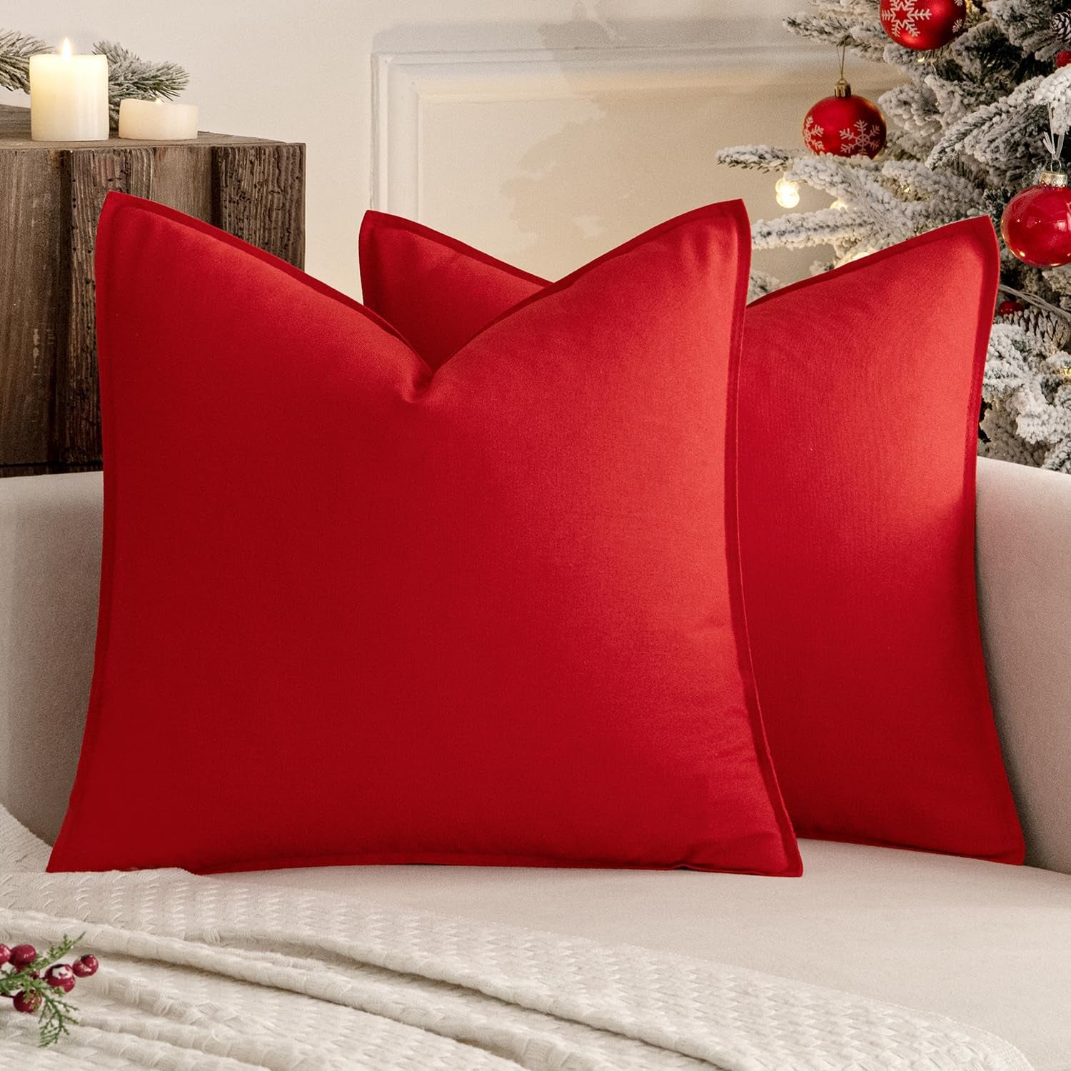 Pack of 2 Christmas Decorative Linen Pillow Covers Boho Farmhouse Modern Soft Accent Throw Pillows Neutral Cushion Covers for Sofa Couch Bed Living Room Home Decor, 18X18 Inch Christmas Red