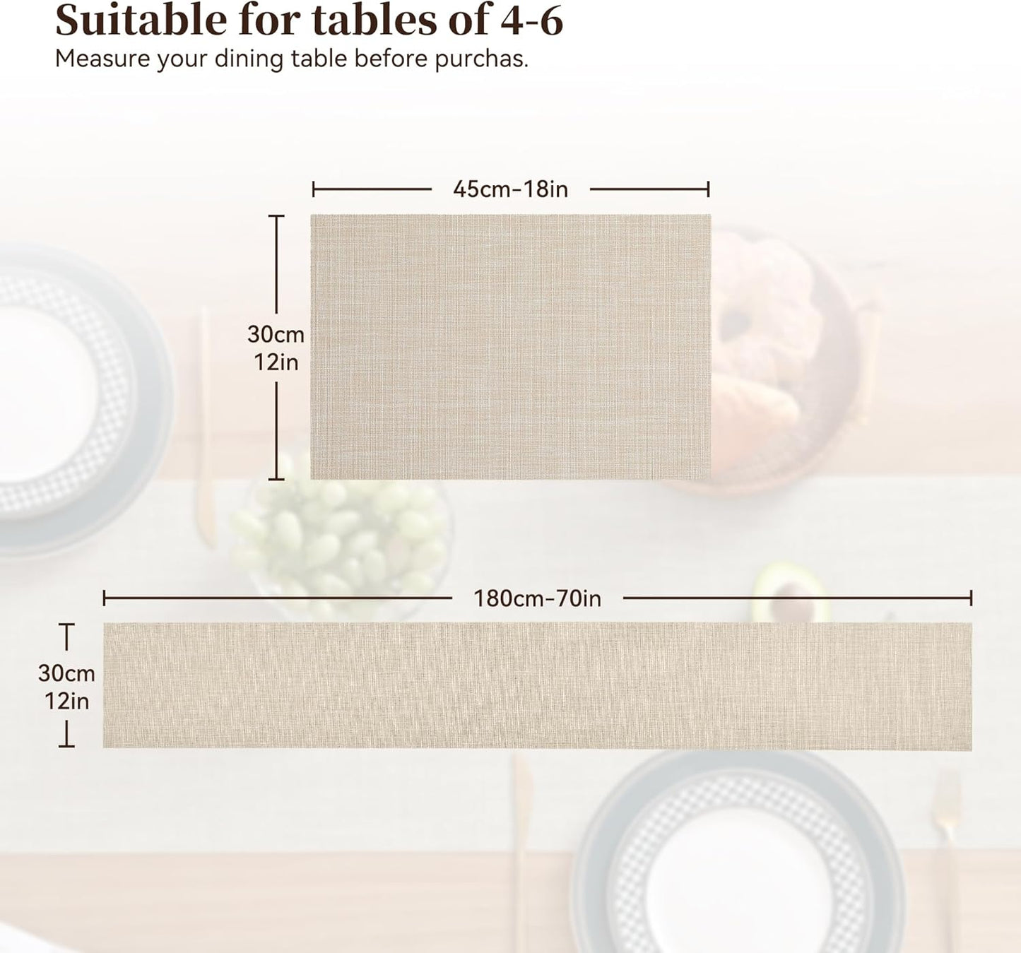 Beige Table Runner and Placemats Set of 5, Heat Resistant Non-Slip Place Mats for Dining Table, Washable Durable PVC Vinyl Woven Table Runner Set