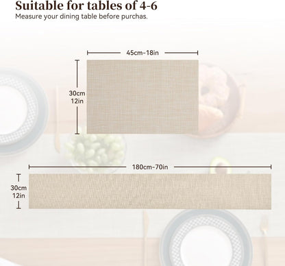 Beige Table Runner and Placemats Set of 5, Heat Resistant Non-Slip Place Mats for Dining Table, Washable Durable PVC Vinyl Woven Table Runner Set