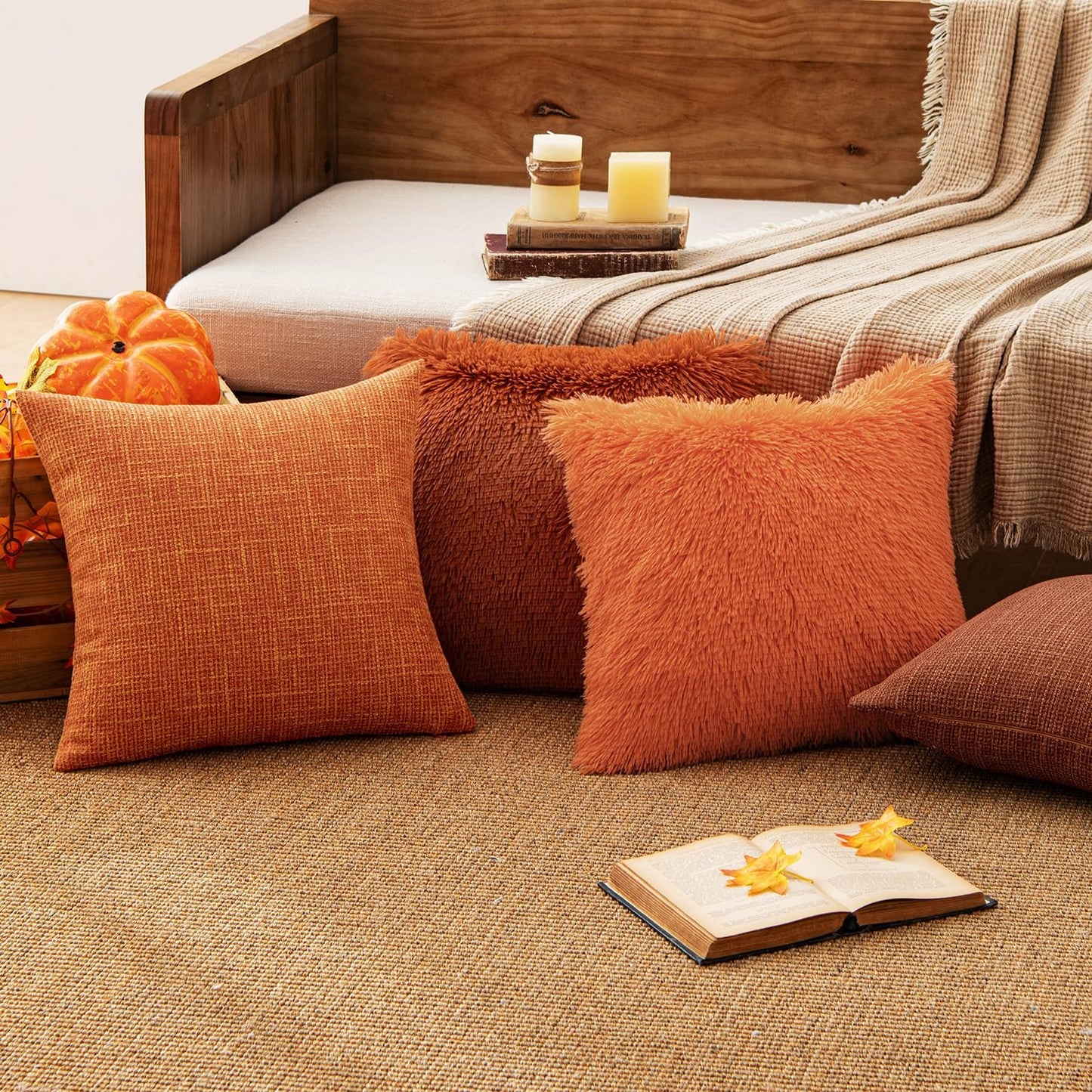 Set of 2 Fall Luxury Faux Fur Throw Pillow Cover Deluxe Decorative Plush Pillow Case Cushion Cover Shell for Sofa Bedroom Car 18X18 Inch Orange Halloween