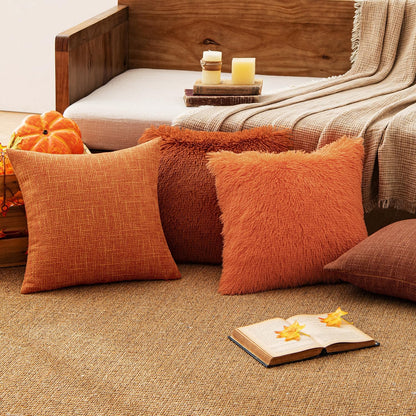 Set of 2 Fall Luxury Faux Fur Throw Pillow Cover Deluxe Decorative Plush Pillow Case Cushion Cover Shell for Sofa Bedroom Car 18X18 Inch Orange Halloween